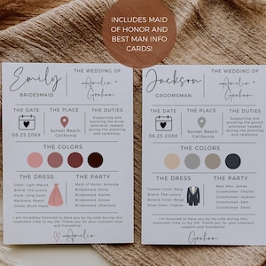 May include: Two cards for a wedding party, one for the bridesmaid and one for the groomsman. The cards are white with black text and include the date, location, duties, and colors for the wedding. The bridesmaid card has a pink dress icon and the groomsman card has a tuxedo icon.