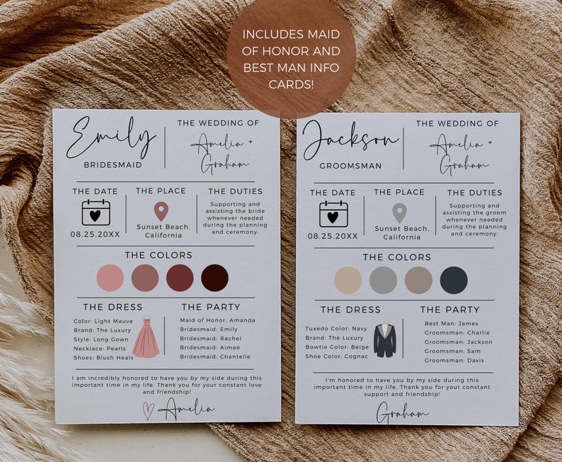 May include: Two cards for a wedding party, one for the bridesmaid and one for the groomsman. The cards are white with black text and include the date, location, duties, and colors for the wedding. The bridesmaid card has a pink dress icon and the groomsman card has a tuxedo icon.
