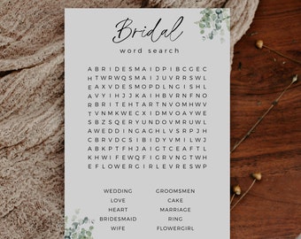 Greenery Bridal Shower Wortsuche, druckbares Brautparty-Spiel, bearbeitbare Vorlage, modern minimalistisch, digitaler Download, in Canva bearbeiten