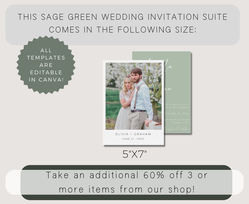 Minimalist Sage Green Wedding Invitation, Editable Template, Wedding Invitation Template With Photo, Printable Wedding Invite Cards image 5