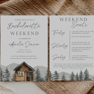 May include: A light grey invitation card with a watercolour illustration of a cabin in the woods. The text on the card reads "Please join us for a Bachelorette Weekend in honour of Amelia Jensen, June 24-26, Driggs, Idaho. RSVP Amy Benson (208) 456-8947. Registered at Amazon and Target." The card also includes a list of weekend events, including a spa day, bachelorette dinner, and farewell brunch.