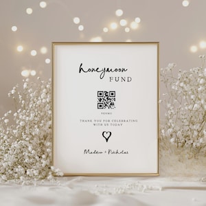 Editable Hand Drawn Honeymoon Fund QR Code Sign, Modern Handwritten Wedding Template, Whimsical Gift Table, Printable Canva Instant Download