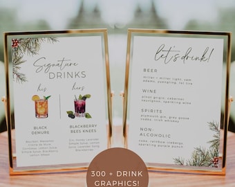 Świąteczny szyld z menu drinków i baru, kolorowy świąteczny szyld z koktajlami, napoje dla niego i dla niej, szablon zimowego szyldu DIY