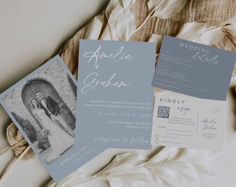 Dusty Blue Wedding Invitation, Editable Template, Wedding Invitation Template With Photo, Modern Wedding Invite Suite, Wedding Stationary