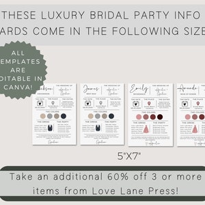May include: Four printable bridal party information cards in a 5x7 inch size. The cards are editable in Canva and feature a modern design with a minimalist aesthetic. The cards include sections for the date, place, duties, colors, dress, and party.