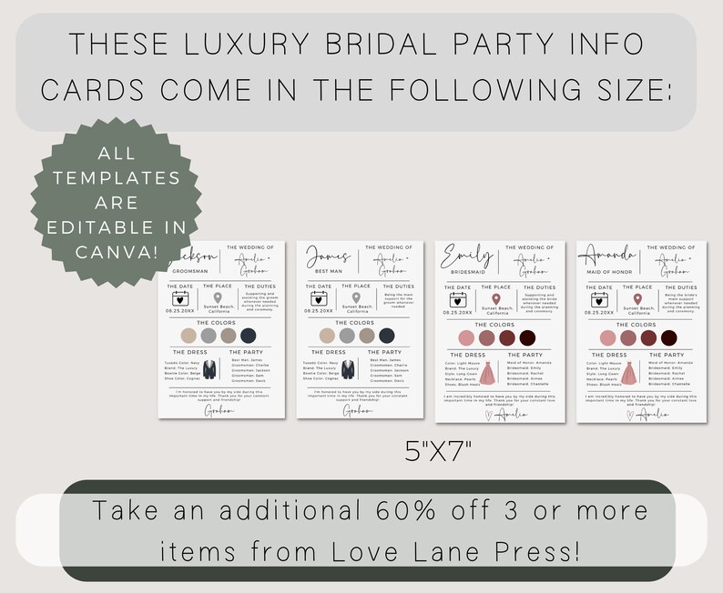 May include: Four printable bridal party information cards in a 5x7 inch size. The cards are editable in Canva and feature a modern design with a minimalist aesthetic. The cards include sections for the date, place, duties, colors, dress, and party.