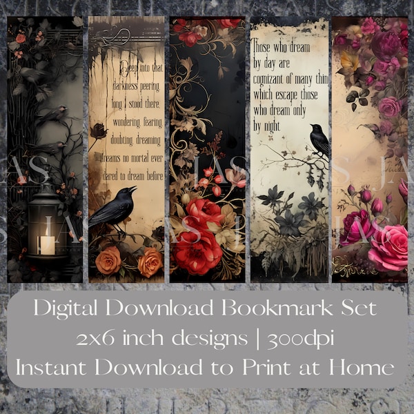 Gothic Bookmarks featuring Edgar Allen Poe quotes, Set of 10 Printable Bookmarks, Digital Bookmarks, digital download, Edgar Allen Poe