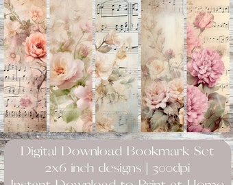 Vintage Music Bookmarks, Set of 10 Printable Bookmarks, Digital Bookmarks, digital download, Floral Bookmarks, Shabby Chic Bookmarks