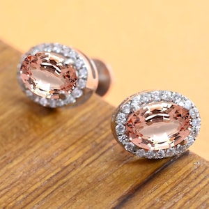 Vintage Morganite 925 Sterling Silver Studs , Oval Cut Morganite Earrings Jewelry Anniversary Gift For Mother Wife 14K Gold Plated Earrings