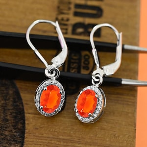 Fire Opal Lever back Earrings, Handmade 925 Sterling Silver Oval Cut Natural Opal Dangle Drop Earrings Jewelry Anniversary Gift For Mother