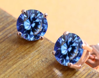 Pendientes redondos de topacio azul, hechos a mano en plata de ley 925, con corte redondo, joyería de topacio azul, regalo de aniversario para madre, esposa y amor.