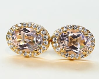 Morganite 925 Sterling Silver Studs , Handmade Oval Cut Morganite Earrings Jewelry Anniversary Gift For Mother Wife 14K Gold Plated Earrings