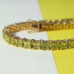 Natuurlijke peridoot vierkante vorm tennisarmband 14 kt vergulde armband bruids huwelijkscadeau, 925 sterlingzilver tennisarmband voor moeder liefde