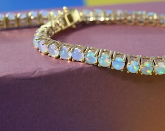 Pulsera de tenis de ópalo arcoíris redonda, chapada en oro de 14 quilates, regalo de boda, pulsera de tenis de plata de ley 925 para regalar a la madre.