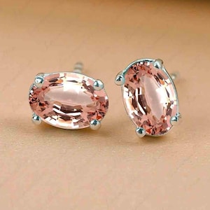 Beautiful 925 Sterling Silver Morganite Studs, Oval Cut Morganite Earrings Jewelry Anniversary Gift For Mother Wife 14K Gold Plated Earrings
