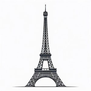 May include: A black and white line drawing of the Eiffel Tower, a famous landmark in Paris, France.