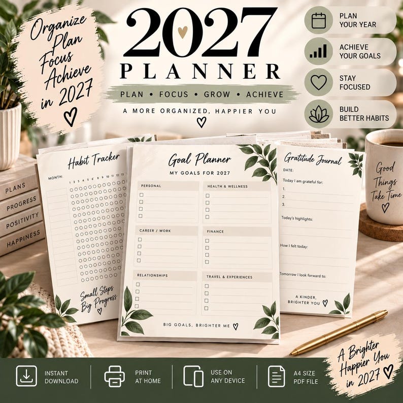 2027 Planner Printable PDF, Yearly Monthly Weekly Daily Planner, Goal ...