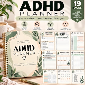 Puede incluir: Una agenda para TDAH con encuadernación en espiral, cubierta color crema y verde salvia con estampado de hojas y el texto ADHD PLANNER. Incluye 19 páginas de plantillas PDF imprimibles como volcado mental, desglose de tareas, seguimiento de hábitos y ánimo.