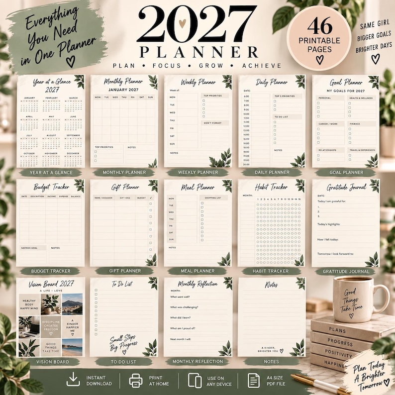 2027 Planner Printable PDF, Yearly Monthly Weekly Daily Planner, Goal ...