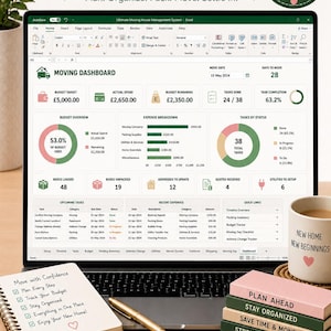 May include: A digital moving management system displayed on a laptop screen, featuring a dashboard with budget tracking, task lists, and expense charts. The screen shows text including Ultimate Moving House Management System and Moving Dashboard.