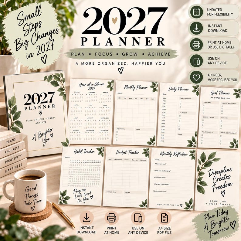 2027 Planner Printable PDF, Yearly Monthly Weekly Daily Planner, Goal ...
