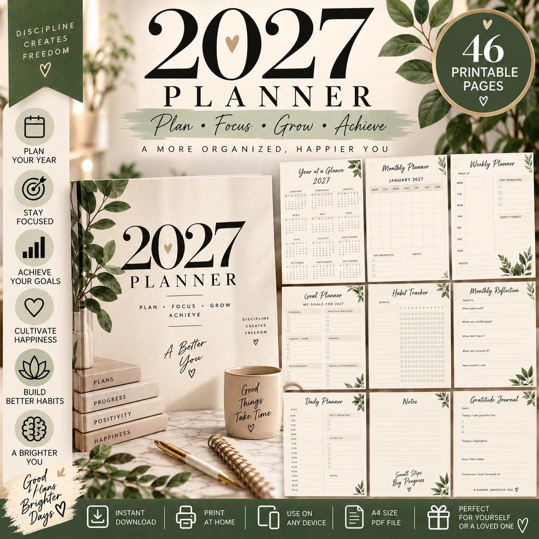 2027 Planner Printable PDF, Yearly Monthly Weekly Daily Planner, Goal ...