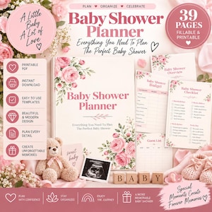 Könnte beinhalten: Ein 39-seitiger Babyparty-Planer mit Blumenmotiven, einem Teddybären, Holzklötzen mit der Aufschrift BABY und gedruckten Seiten wie Checkliste, Budget und Gästeliste. Der Text lautet Baby Shower Planner, A Little Baby A Lot of Love.