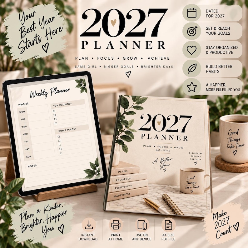 2027 Planner Printable PDF, Yearly Monthly Weekly Daily Planner, Goal ...