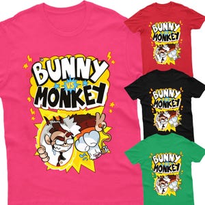 May include: Four t-shirts in different colours featuring a cartoon bunny and monkey with the text "Bunny vs Monkey" in a yellow and black graphic.