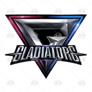 May include: A silver and black logo with a triangle shape and the word "GLADIATORS" in bold, white letters. The triangle has red and blue neon outlines.