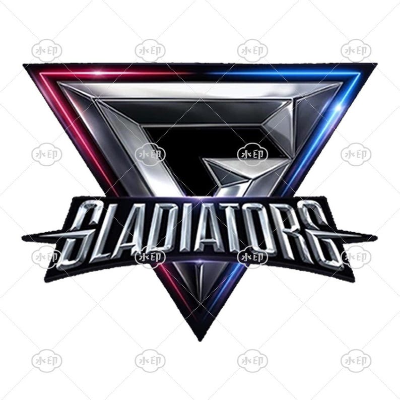 May include: A silver and black logo with a triangle shape and the word "GLADIATORS" in bold, white letters. The triangle has red and blue neon outlines.