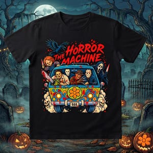 May include: A black t-shirt featuring a colourful graphic of a van filled with horror movie characters, including a doll, a masked figure with a chainsaw, and a ghost-faced figure. The text reads THE HORROR MACHINE with a 666 license plate.