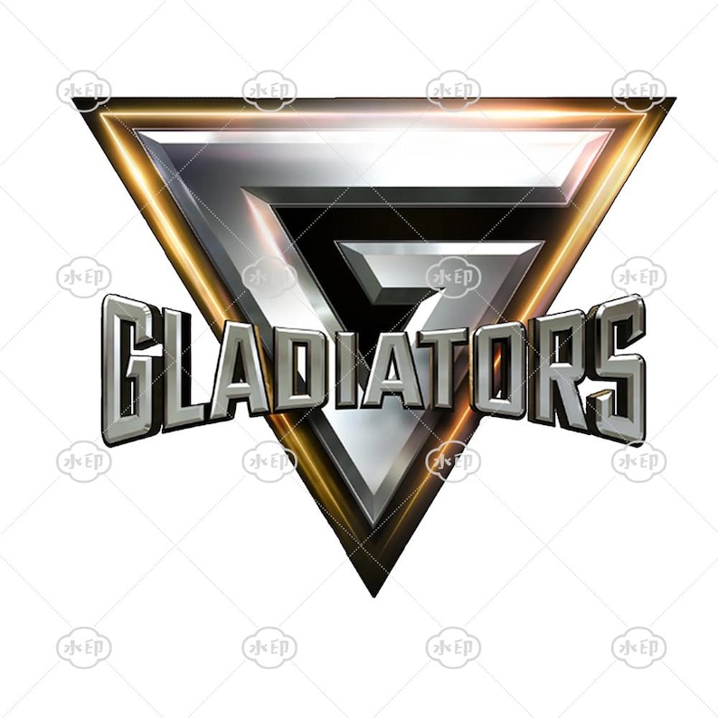 May include: A silver and gold logo with a triangle shape and the word "GLADIATORS" in bold, 3D letters.