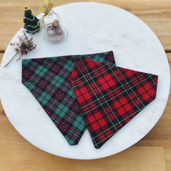 Reversible Red and Green Plaid Dog Bandana | Scottish Christmas Pet Accessory | Slip-Over Collar | Tartan Christmas