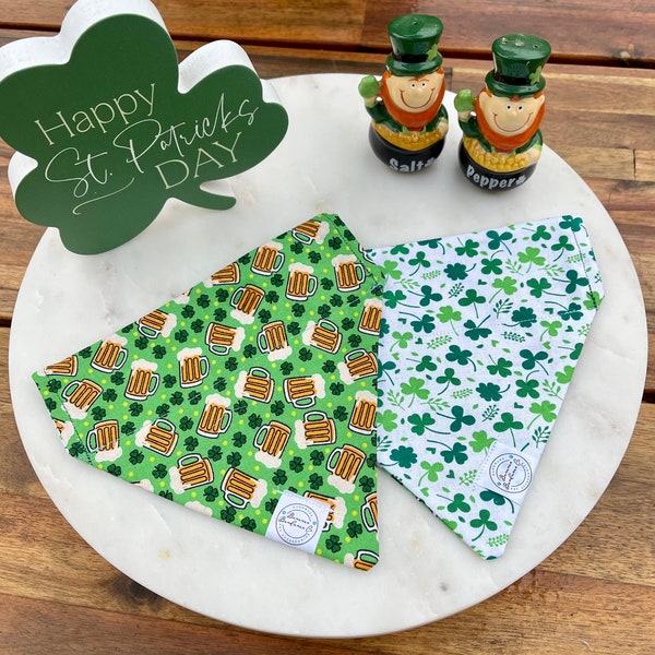 St. Patrick's Day Pet Accessories: Shamrock Bandanas | Reversible Slip-Over Collar Bandana | Irish Beer Pet Wear | Green Clover | Dog Beer