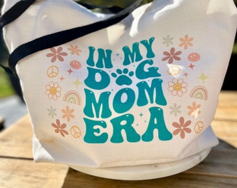 In My Dog Mom Era Tote | Dog Mom Era Gifts | Retro Dog Mom | Peace Sign, Flower Power, Rainbows, Smiley Face, 70s Era | Dog Mom Bag |