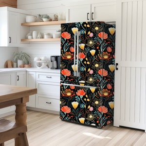 Floral Fridge Wrap Vinyl, Floral Pattern Fridge Wrap, Refrigerator Wrap Side by Side Vintage Rustic Farmhouse Decorative Sticker Decor