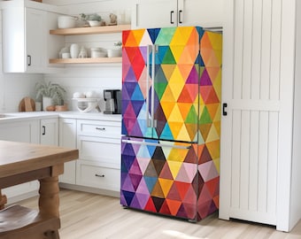 Colorful Geometric Triangle Fridge Wrap  Modern Art Vinyl Decal, Customizable Size Fridge Side By Side Refrigerator Sticker Gift For Artist