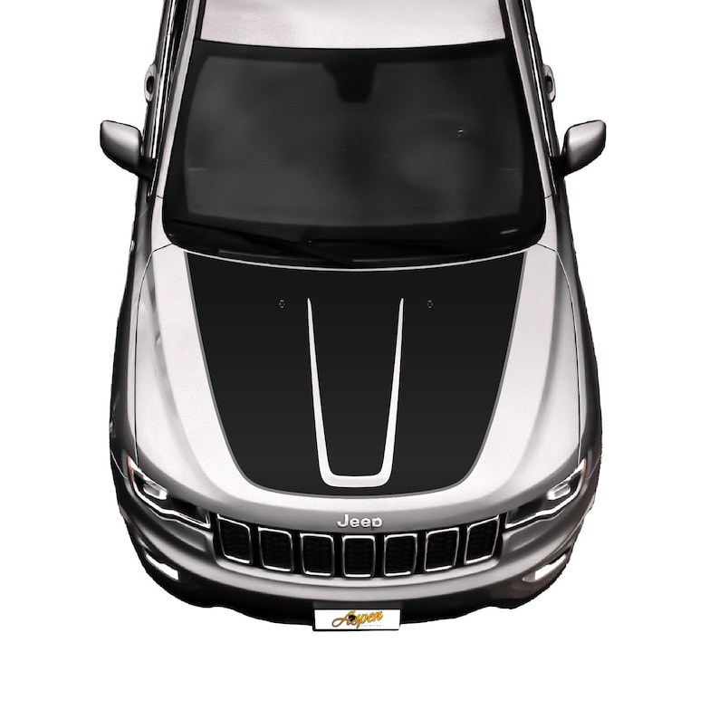 May include: A silver Jeep with a black hood stripe decal. The decal has two black stripes with a white stripe in the center.