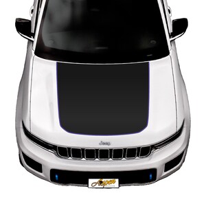 May include: A white Jeep with a black hood wrap featuring a purple outline. The Jeep has a black grille with the word "Jeep" in silver lettering.