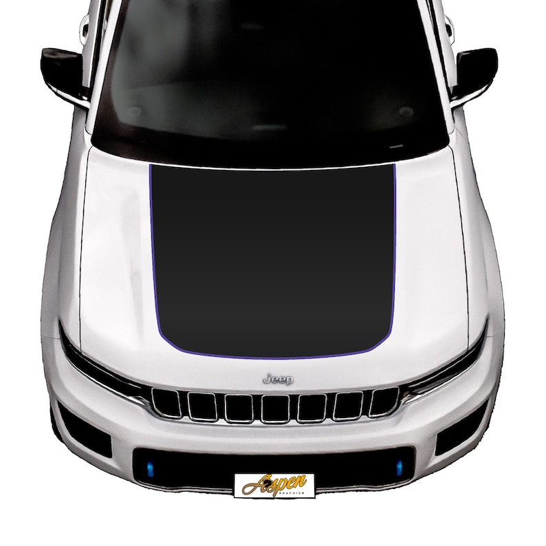 May include: A white Jeep with a black hood wrap featuring a purple outline. The Jeep has a black grille with the word "Jeep" in silver lettering.