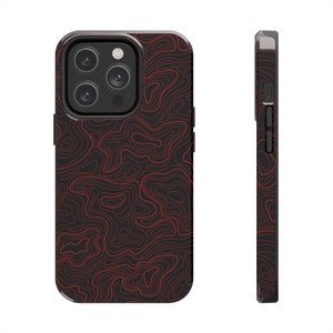 Rote und schwarze topografische Karte iPhone Hülle mit kabelloser Aufladung Outdoor Natur Liebhaber Unisex Geschenk Wildnis Abenteurer Geschenk