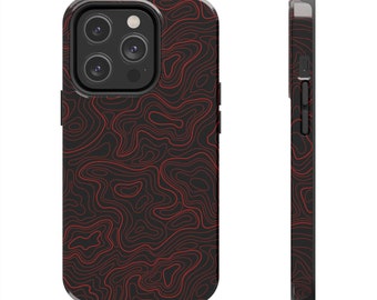 Red and Black Topographic Map iPhone Case with Wireless Charging Support Outdoor Nature Lover Unisex Gift Wilderness Adventurer Present