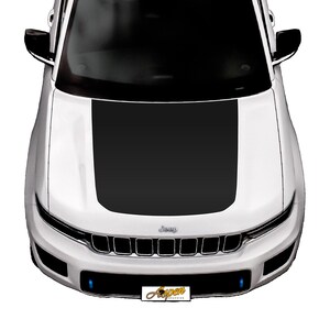 May include: A white Jeep with a black hood wrap. The Jeep has a black grille with the word "Jeep" in silver lettering. The hood wrap is a solid black colour and extends from the windscreen to the front bumper.