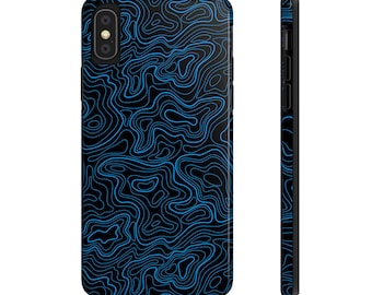 May include: A black phone case with a blue topographic pattern. The case has a cutout for the camera lens.