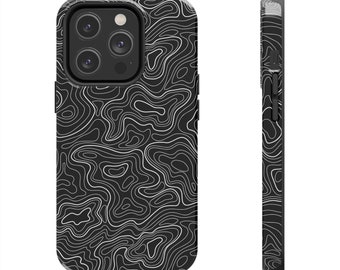 May include: Black phone case with a white topographic map design. The case has a raised camera bump and a cutout for the phone's buttons.