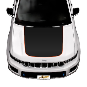 May include: A white Jeep with a black hood wrap featuring an orange stripe. The Jeep has a black grille with the word "Jeep" in silver lettering.