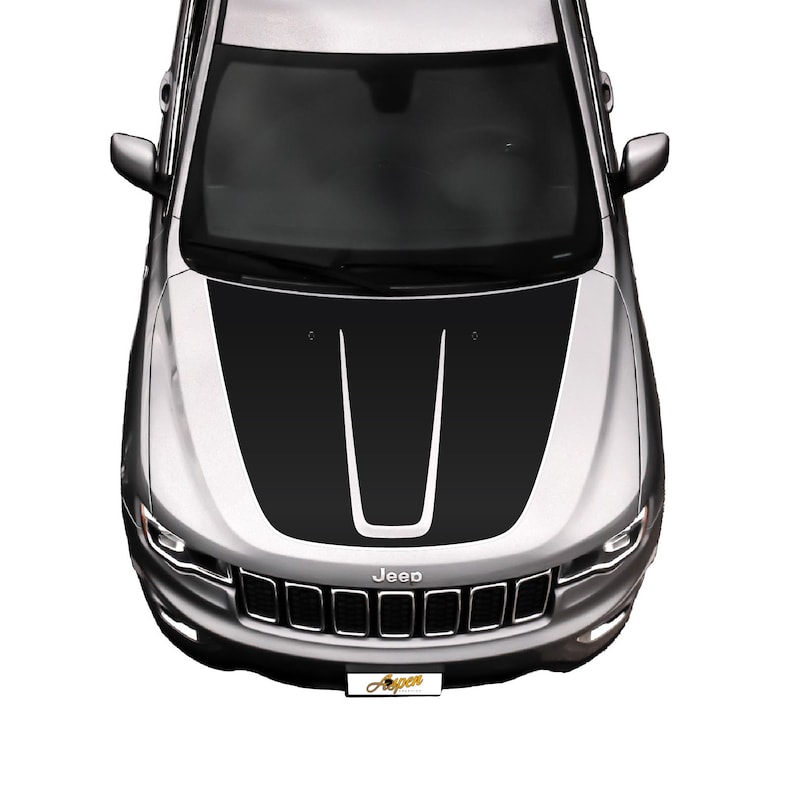 May include: A silver Jeep with a black hood decal featuring two vertical stripes and a center stripe. The decal has a silver accent stripe on each side. The Jeep has a black grille with the word "Jeep" in white letters.