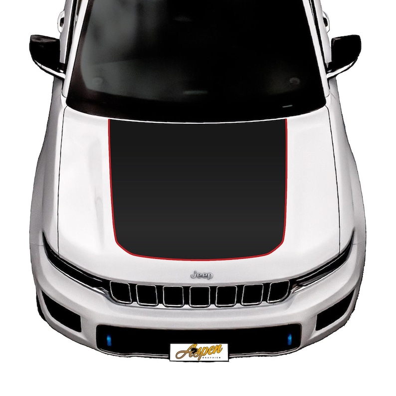 May include: A white Jeep with a black and red hood stripe. The Jeep has a black grille with the word "Jeep" in silver lettering.