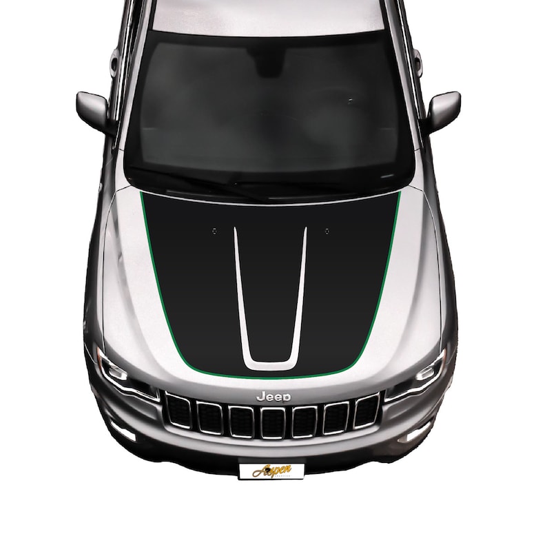 May include: A silver Jeep with a black and green hood decal. The decal has two black stripes with a white stripe in the center. The Jeep has a black grille with the word "Jeep" in white letters.